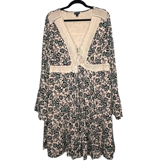 Torrid Mini Gauze Lace-Up Skater Dress Beige Black Teal Floral Plus Size 1X 1 - Picture 1 of 14